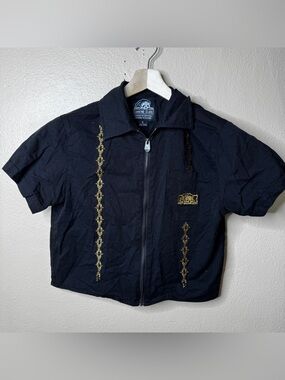 Lurking Class Shirt Women's Small Black Short Sleeve Zip-Up Gold Embroidery